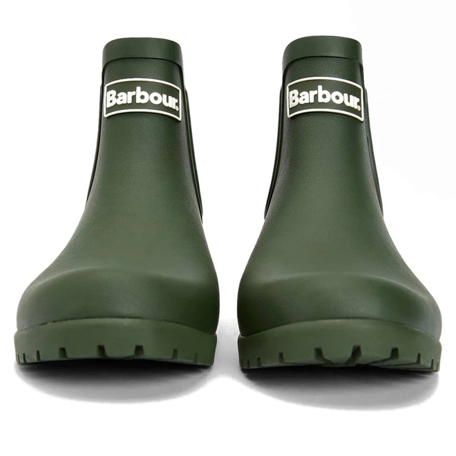 A pair of Barbour Wilton Olive Chelsea Wellingtons Womens Rainboots, shown from the front, feature thick tread soles, white Barbour logo on each boot, and a classic tartan lining for comfort., 190375411737, 190375411898, 190375411973, 190375412116, 190375412192, 190375412321