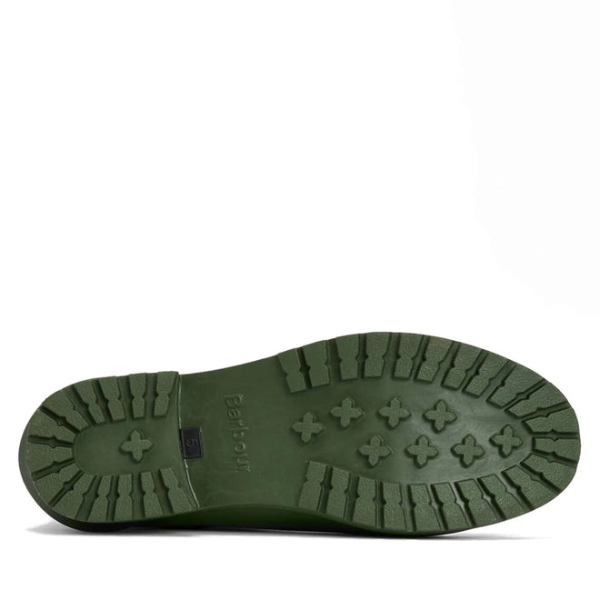 Close-up of the underside of a Barbour Wilton Olive Chelsea Wellingtons Womens Rainboot, showing textured treads with cross-shaped and rectangular patterns, plus Barbour branding near the heel., 190375411737, 190375411898, 190375411973, 190375412116, 190375412192, 190375412321
