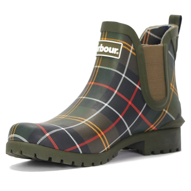 The Barbour Wilton Classic Tartan Chelsea Wellingtons Womens Rainboot is a green ankle rain boot with a chunky sole, elastic side panel, multicolored plaid pattern, and Barbour logo on the front, inspired by Barbour Chelsea boots., 194972145934, 194972146030, 194972146122, 194972146221, 194972146283, 51397