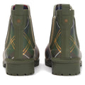 Rear view of Barbour Wilton Classic Tartan Chelsea Wellingtons Women's Rainboot, featuring green tartan with yellow, white, and navy plaid, chunky treaded soles, and Barbour branding on the heels., 194972145934, 194972146030, 194972146122, 194972146221, 194972146283, 51397