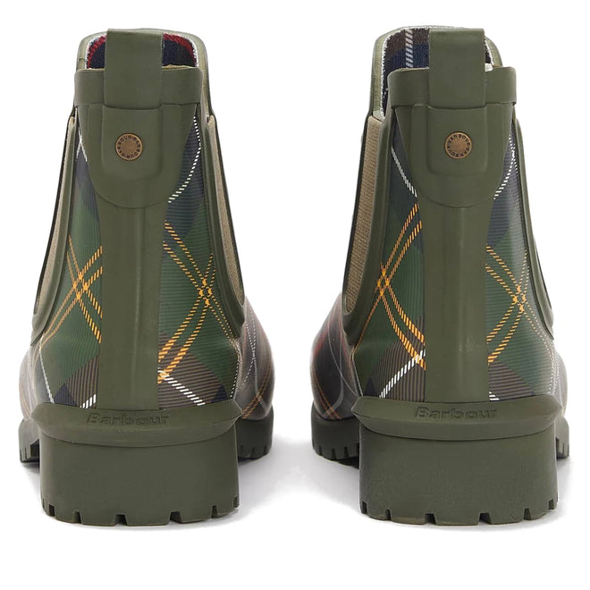 Rear view of Barbour Wilton Classic Tartan Chelsea Wellingtons Women's Rainboot, featuring green tartan with yellow, white, and navy plaid, chunky treaded soles, and Barbour branding on the heels., 194972145934, 194972146030, 194972146122, 194972146221, 194972146283, 51397