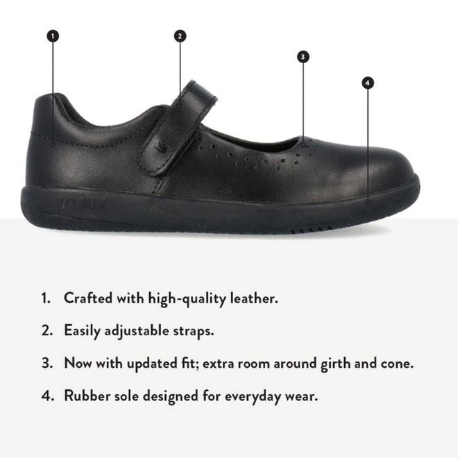 The Bobux Kid+ Bestie Mary Jane Black School Leather Shoe features high-quality leather, an updated fit with extra room, and a durable rubber sole—ideal for kids’ daily schoolwear., 48444, 9420075762176, 9420075764033, 9420075764026, 9420075762251, 9420075762152, 9420075762299