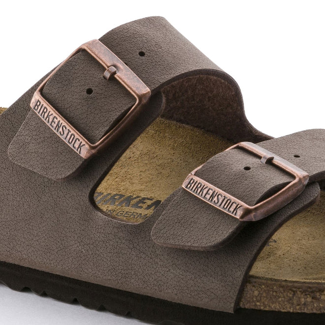 close up right foot of birkenstock arizona birkibuc mocca colour showing straps over the foot and buckles  4040714059273,32651,32653,4040714059280,4040714059297,4040714059303,4040714059310,4040714059327,4040714059334,,,,
