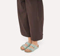 BIRKENSTOCK Arizona Birko Flor Pure Sage Regular Width 2 Strap Sandals worn with brown cropped trousers., 54834, 54835, 54836, 4067708125677, 4067708125714, 4067708125752, 4067708125790, 54841, 54842, 54843, 54844, 54845, 54846