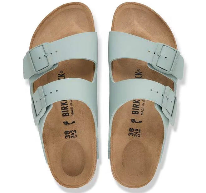 BIRKENSTOCK Arizona Birko Flor Pure Sage Regular Width 2 Strap Sandal in sage green with two straps and cork-latex footbeds., 54834, 54835, 54836, 4067708125677, 4067708125714, 4067708125752, 4067708125790, 54841, 54842, 54843, 54844, 54845, 54846