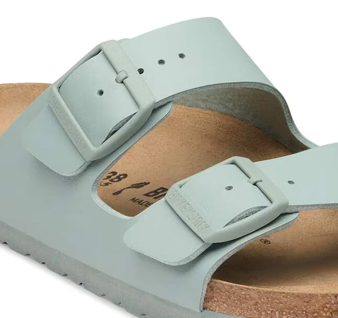 BIRKENSTOCK Arizona Birko Flor Pure Sage Regular Width 2 Strap Sandal in sage green with two straps, matching adjustable buckles, and a cork-latex footbed., 54834, 54835, 54836, 4067708125677, 4067708125714, 4067708125752, 4067708125790, 54841, 54842, 54843, 54844, 54845, 54846