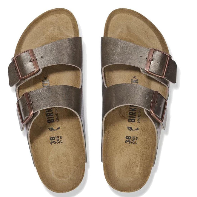 Top down view of Birkenstock arizona Slide  sandals in Graceful metallic taupe with double buckle straps on a white background.,
4067707034901,
4067707034949,
4067707034987,