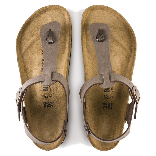 A pair of BIRKENSTOCK Kairo Womens Birkibuc Mocha Brown Regular Width sandals with toe loops and buckles, shown side by side on a white background. The cork-latex footbed offers comfort, with tan insoles displaying imprints and size details., 4052001079413, 4052001079420, 4052001079437, 4052001079444, 4052001079451, 50471, 50472