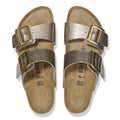 Pair of Birkenstock sandals with metallic straps on a white background, top down view,
4066648998228,
4066648998266,
4066648998303,