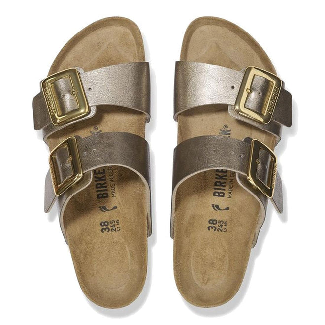 Pair of Birkenstock sandals with metallic straps on a white background, top down view,
4066648998228,
4066648998266,
4066648998303,