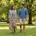 A woman in a floral dress and denim jacket walks with a man in a blue shirt and beige shorts through a sunny park, both smiling as they stroll beneath the trees, showing off their BIRKENSTOCK Arizona Smooth Leather Dark Brown sandals.,
4013871066453,
4013871069898,
4013871076551,
4013871008354,
4013871077572,
4013871009184,
4013871037750,
4013871041603,
4013871021544,
4013871063766,
4013871063865,