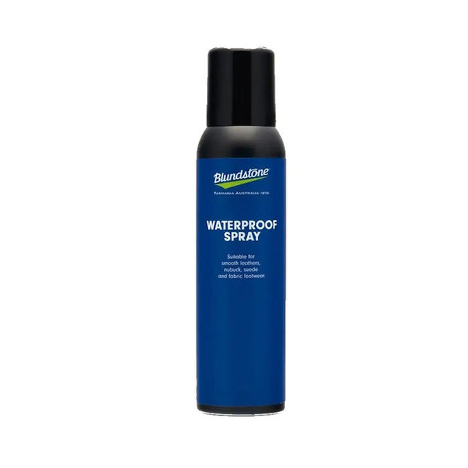 A blue and black can of Blundstone Waterproofing Spray, suitable for smooth leather, nubuck, suede, and fabric shoes, stands upright against a white background.