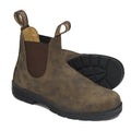 A pair of blundstone 585 chelsea boots in rustic brow, showing the outside of the right foot and the sole of the left foot. pull on tabs on both front and back to make easie to get on and off. elesatic gusset on both sides of the leg