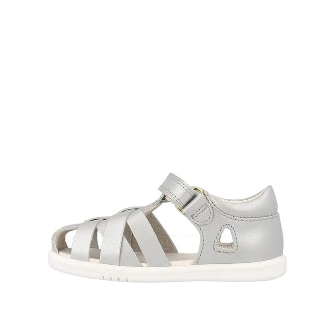 The Bobux Iwalk IW Tropicana II Metallic Silver Sandal 638320 is a kid's sandal with a closed heel, open toe, multiple straps, quick-dry leather, white sole, and an adjustable buckle—ideal for summer., 9420075776517, 9420075781092, 9420075776210, 9420075774230, 9420075772083