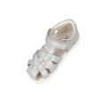 The Bobux Iwalk IW Tropicana II Metallic Silver Sandal 638320 is a closed-toe toddler sandal with woven quick-dry leather straps and a velcro ankle strap, shown on a plain white background. Ideal summer shoes for kids., 9420075776517, 9420075781092, 9420075776210, 9420075774230, 9420075772083