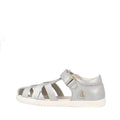 The Bobux Kids Plus KP Tropicana II Metallic Silver Quick Dry Sandal 838320 is a kids' summer sandal in metallic silver with multiple straps, a white sole, closed heel, Velcro ankle strap, and side cutout in quick-dry leather., 9420075778146, 9420075773325, 9420075780118, 9420075774414, 9420075769502, 9420075771581, 9420075777224