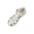 The Bobux Kids Plus KP Tropicana II Metallic Silver Quick Dry Sandal 838320 features closed-toe, woven quick-dry straps and a hook-and-loop ankle strap, shown on a white background—ideal summer sandals for active kids., 9420075778146, 9420075773325, 9420075780118, 9420075774414, 9420075769502, 9420075771581, 9420075777224