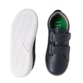 The Bobux KP Kids Plus Grass Court 2 II Leather Sneaker in navy features white soles, adjustable straps, and a green insole printed with BOBUX x BLOOM and size 30. Shown from the side and bottom., 9420074831255, 9420074831262, 9420074831279, 9420074831286, 9420074831293, 9420074831309, 9420074831316