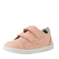 The Bobux KP Kids Plus Grass Court 2 II Leather Sneaker in Seashell is a light pink leather kids' shoe featuring two adjustable straps, a perforated heart detail on the side, and a white rubber sole., 9420074831538, 9420074831545, 52192, 9420074831569, 9420074831576, 9420074831583, 9420074831590