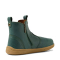 The Bobux KP Kids Plus Jodhpur 2 II Juniors Leather Boot in Rainforest Green features a leather upper, tan rubber sole, side zipper, pull tabs at heel and front, visible stitching, and a minimalist casual design—ideal for kids., 52176, 9420074835062, 9420074835079, 52179, 52180, 9420074835109, 52182