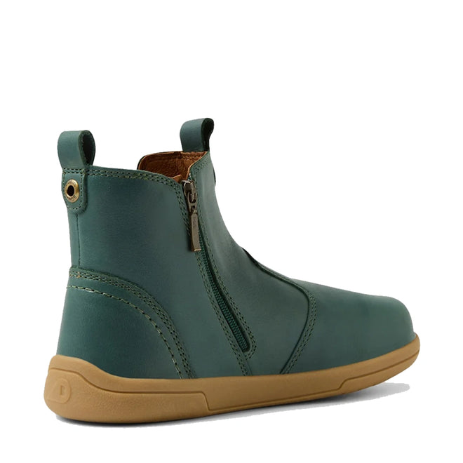 The Bobux KP Kids Plus Jodhpur 2 II Juniors Leather Boot in Rainforest Green features a leather upper, tan rubber sole, side zipper, pull tabs at heel and front, visible stitching, and a minimalist casual design—ideal for kids., 52176, 9420074835062, 9420074835079, 52179, 52180, 9420074835109, 52182