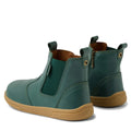 The Bobux KP Kids Plus Jodhpur 2 II Juniors Leather Boot in Rainforest Green features tan rubber soles, elastic side panels, and front/back pull tabs. Shown from the rear on a white background., 52176, 9420074835062, 9420074835079, 52179, 52180, 9420074835109, 52182