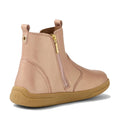 The Bobux KP Kids Plus Jodhpur 2 II Juniors Leather Boot in Rose Gold Metallic is a pink kids' leather boot with side zipper and pull tab, tan rubber sole, visible stitching, and a classic Jodhpur-inspired design., 52169, 52170, 52171, 52172, 52173, 9420074835246, 9420074835253