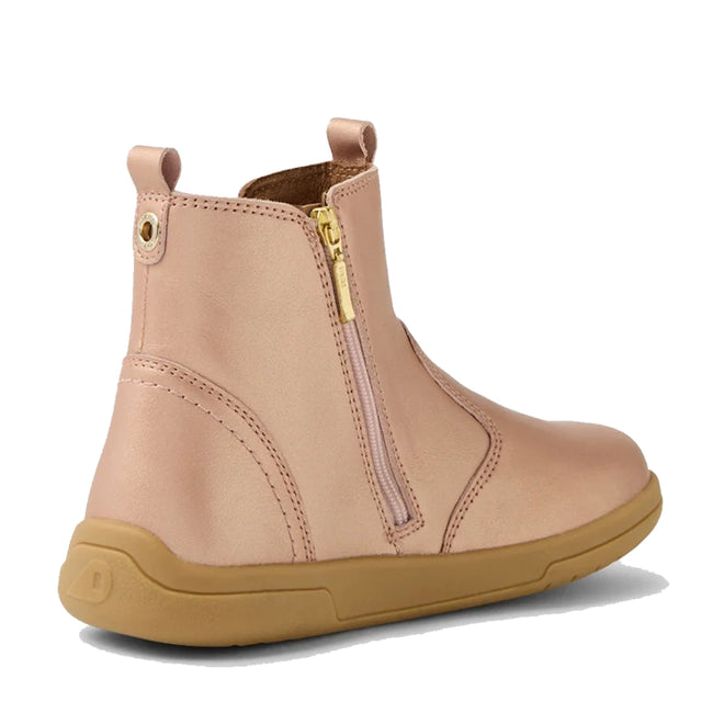 The Bobux KP Kids Plus Jodhpur 2 II Juniors Leather Boot in Rose Gold Metallic is a pink kids' leather boot with side zipper and pull tab, tan rubber sole, visible stitching, and a classic Jodhpur-inspired design., 52169, 52170, 52171, 52172, 52173, 9420074835246, 9420074835253