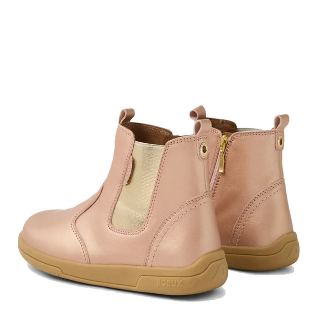 The Bobux KP Kids Plus Jodhpur 2 II Juniors Leather Boot in Rose Gold Metallic features pink leather, tan rubber soles, gold elastic side panels, back loop tabs, side zippers, and an embossed BOBUX logo on the heel., 52169, 52170, 52171, 52172, 52173, 9420074835246, 9420074835253