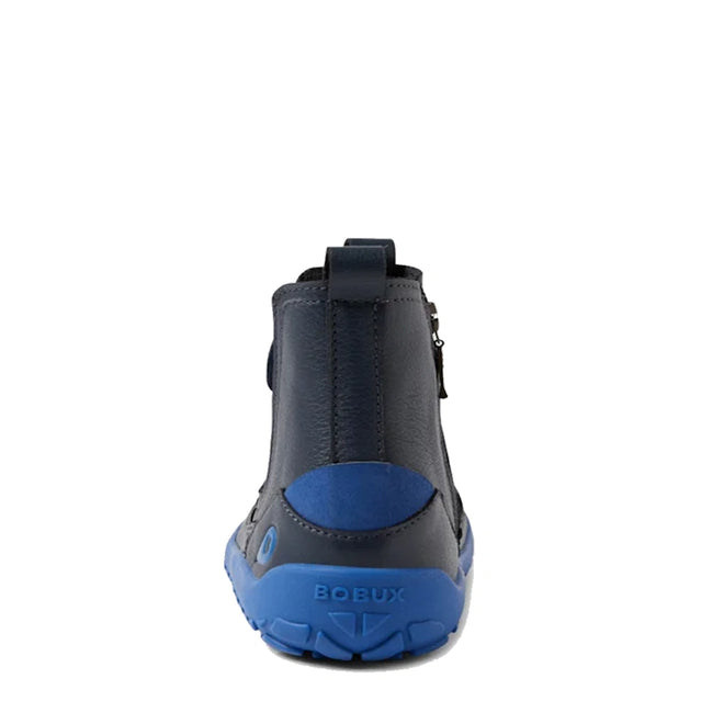 The Bobux KP Kids Plus Trail Navy Leather Boot Juniors Alpha is a child's navy blue ankle boot with a bright blue zero-drop sole, shown from the back with "BOBUX" embossed on the heel., 9420068563704, 9420068563711, 9420068563728, 9420068563735, 9420068563742, 9420068563759, 9420068563766