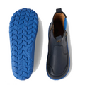 The Bobux KP Kids Plus Trail Navy Leather Boot Juniors Alpha features navy leather, bright blue zero-drop soles, a barefoot-shaped toe box, and a textured sole with the Bobux brand name; one boot is side-viewed, another shows the sole pattern., 9420068563704, 9420068563711, 9420068563728, 9420068563735, 9420068563742, 9420068563759, 9420068563766