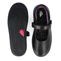 The Bobux Kid+ Bestie Mary Jane Black School Leather Shoe in EU size 30 features a perforated leather upper, patterned insole, adjustable strap, and a textured rubber sole with a pink heart detail., 48444, 9420075762176, 9420075764033, 9420075764026, 9420075762251, 9420075762152, 9420075762299