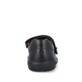 Back view of the Bobux Kid+ Bestie Mary Jane Black School Leather Shoe for kids, featuring visible stitching, a rounded heel, and an adjustable side strap closure against a white background., 48444, 9420075762176, 9420075764033, 9420075764026, 9420075762251, 9420075762152, 9420075762299
