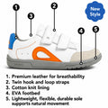 The Bobux IW Iwalk Blaze Toddlers Leather Sneaker White Orange is a child’s white and gray sneaker with orange accents, labeled to highlight its premium quick-drying leather, twin straps for easy fastening, soft cotton lining, supportive EVA footbed, and flexible sole. A blue badge announces “New Style”—making it perfect for little ones who need durable kids’ white sneakers or comfortable toddler leather sneakers., 9420074851918, 9420074851925, 9420074851932, 9420074851949, 9420074851956