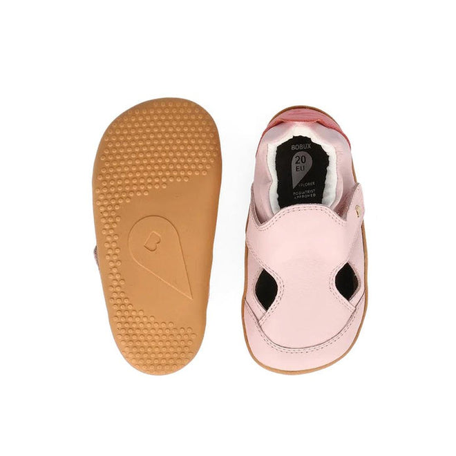 The Bobux XP Explorer Breeze First Walker Sandal in Rose Water Pink 502405 for toddlers is shown: one displays the textured brown flexible sole, while the other shows the open sides and toe, both against a white background., 9420075784864, 9420075786004, 9420075783645, 9420075784949