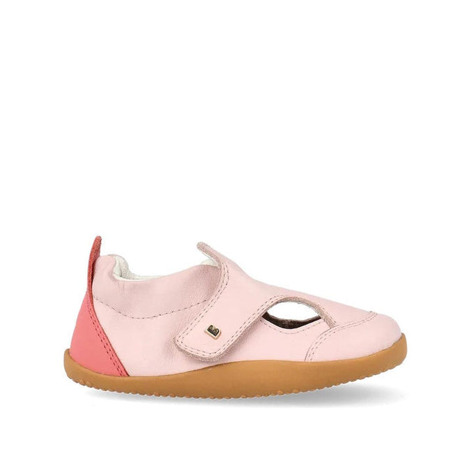 The Bobux XP Explorer Breeze First Walker Sandal in Rose Water Pink (502405) features a tan rubber sole, velcro strap, pink heel accent, and side cut-outs—offering comfort and flexibility for toddlers taking their first steps., 9420075784864, 9420075786004, 9420075783645, 9420075784949