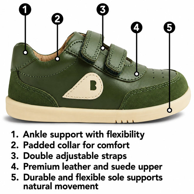 Introducing the Bobux KP Kids Plus Champ Leather Sneaker in White Green, a sturdy children’s shoe with numbered callouts highlighting features such as ankle support, padded collar, adjustable hook-and-loop straps for easy on and off, a premium leather and suede upper, and a flexible sole. The key features are displayed below the sneaker.