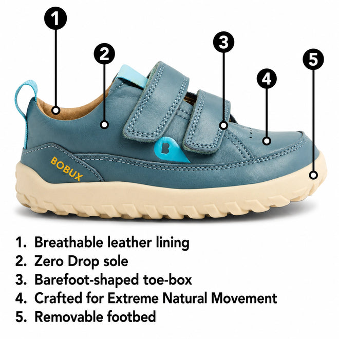 The Bobux KP Kids Plus Dawn Leather Sneaker in Vetiver Green features velcro straps, a tan sole, leather lining, a zero-drop sole for natural alignment, a barefoot-shaped wide toe box for plenty of wiggle room, a design that encourages natural movement, and a removable footbed. These barefoot kids’ sneakers are perfect for supporting comfortable and healthy feet.