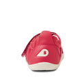 A back view of the Bobux Explorer Go Radiant Raspberry First Walker Crawler, a children’s shoe in bright pink soft leather with a flexible white sole and a white B logo on the heel, displayed against a plain white background., 9420068568044, 9420068568051, 9420068568068, 9420068568075, 9420068568082