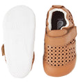 Bobux Punch First Walker Crawler Brown baby shoein leather with puch holes in the top  for areation. Left foot top down & right foot sole with white sole on a white background. Single velcro strap across the top of the foot.,
9420075785663,
9420075785670,
9420075785762,, 9420075785700, 9420075785663, 9420075785670, 9420075785762