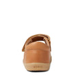 Rear view of the Bobux Iwalk Lola Toddlers Mary Jane in caramel tan leather, showing a beige flexible sole and BOBUX embossed on the heel. The shoe has a handy hook-and-loop strap for easy fastening., 9420068549531, 9420068549548, 9420068549555, 9420068549562, 9420068549579