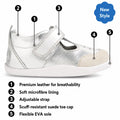 Introducing the Bobux XP Explorer Rue First Walker Sandal Silver—crafted with premium leather, a soft microfiber lining, adjustable strap, suede toe cap, and a flexible EVA sole. Five labeled features highlight why these are perfect as first walking or pre-walker shoes. A “New Style” bubble appears in the upper right corner., 9420074851192, 9420074851208, 9420074851215
