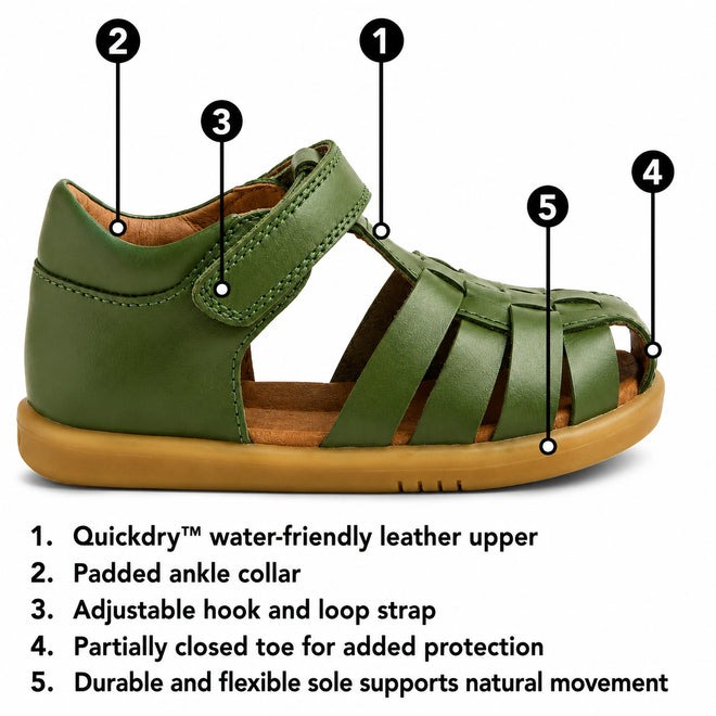 Introducing the Bobux Kid+ Plus KP Harbor Caramel Closed Toe Sandal—a kids’ closed toe sandal in a stylish green shade, featuring water-friendly leather, padded ankle collar, hook and loop strap, partially closed toe design, and a durable flexible sole. Features are highlighted with numbered callouts and corresponding descriptions listed below.