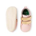 A pair of Bobux Step Up SU Hi Court Boot Ballet Pink 750818 kids leather sneakers with beige velcro straps, shown from the top (showing BOBUX x BLOOM inside) and the sole (featuring a light, textured pattern)., 42959, 9420068540583, 9420068540590, 9420068540606