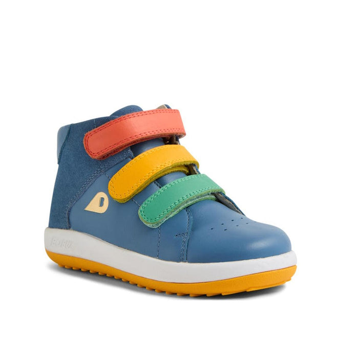 The Bobux IW Iwalk Gamepoint Leather Boot in Coronet Blue is a toddler high-top leather boot with orange, yellow, and green velcro straps, a white sole, and an orange anti-slip rubber outsole for safety., 9420074815170, 9420074815187, 9420074815194, 9420074815200