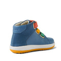 The Bobux IW Iwalk Gamepoint Leather Boot in Coronet Blue is a children’s high-top with a yellow sole, red/yellow/green hook-and-loop straps, anti-slip rubber outsole, and the brand name embossed on the heel. Seen from the back left side., 9420074815170, 9420074815187, 9420074815194, 9420074815200