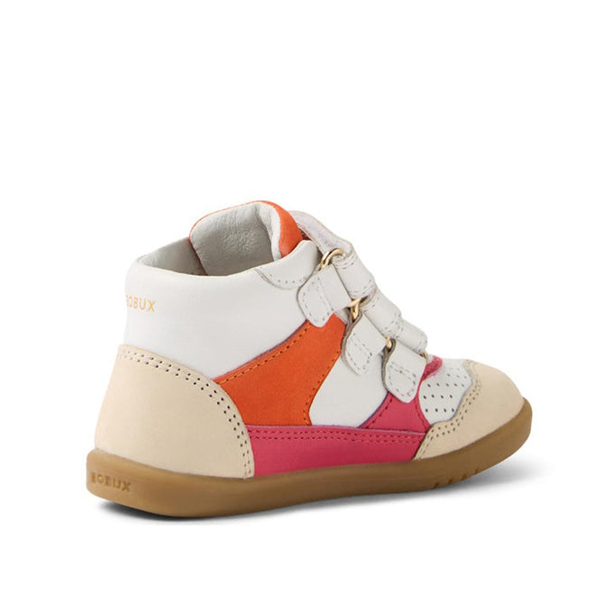 The Bobux IW Iwalk Harley Leather Boots Radiant Raspberry are kids' high-tops with white, beige, orange, and pink panels, adjustable Velcro straps for easy wear, a perforated toe, and a light brown rubber sole., 9420074833419, 9420074833426, 9420074833433, 9420074833440