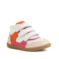 The Bobux IW Iwalk Harley Leather Boots Radiant Raspberry are children's sneakers with a beige sole, white upper, orange and pink accents, perforated details, and three adjustable straps—blending sporty comfort with stylish leather boot design., 9420074833419, 9420074833426, 9420074833433, 9420074833440