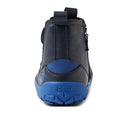 Rear view of the Bobux IW Iwalk Trail Leather Boot Navy Alpha for kids, featuring a barefoot-shaped toe-box, bright blue zero drop sole, side zipper, and BOBUX embossed on the heel; displayed on a white background., 9420068563568, 9420068563575, 9420068563582, 9420068563599