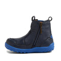 The Bobux IW Iwalk Trail Leather Boot Navy Alpha is a kids' boot featuring dark blue leather, a rugged blue rubber zero-drop sole, side zipper, front and back pull tabs, and a barefoot-shaped toe-box—ideal for active kids., 9420068563568, 9420068563575, 9420068563582, 9420068563599